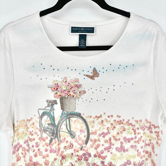 Karen Scott Rhinestone Bicycle in Tulips Tee Size PXL - Picture 1 of 7